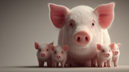Family of pigs gathered together in a serene setting showing strong social bonds and interaction among siblings