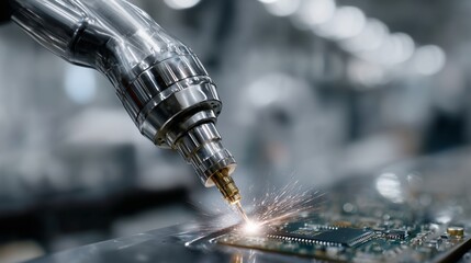 Robotic Arm Assembling Microchip on Circuit Board for Technology Concept