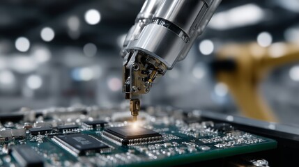 High-Tech Robotic Hand Installing Processor on Electronic Circuit Board for Innovation and AI Concept