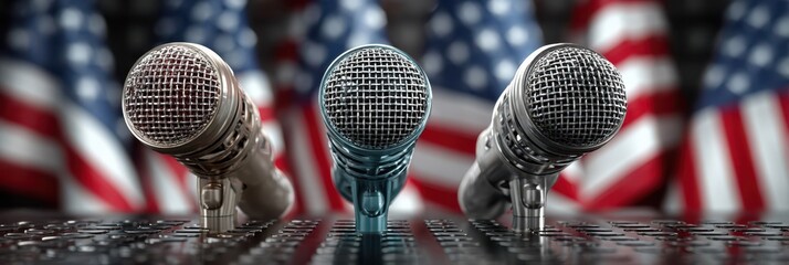 Three microphones positioned in front of multiple American flags during a political event or press conference