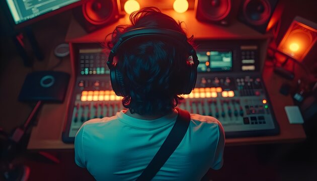 Creative music producer working in a home studio at night with vibrant lighting and advanced audio equipment, focused on crafting unique sounds Generative AI