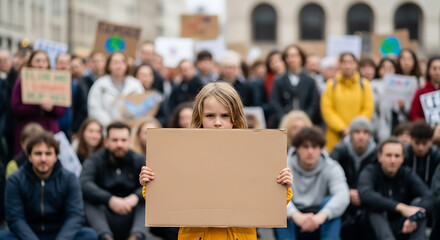 Young girl holds a blank sign at a climate change protest, a powerful symbol of youth activism for environmental future