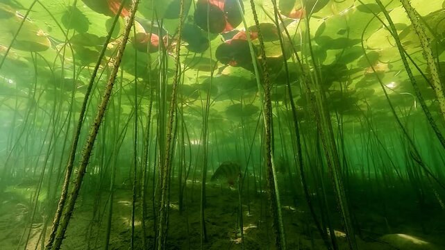 Two European perch &ndash; Perca fluviatilis &ndash; swim out of a dense underwater lotus forest into the open blue of a clear freshwater lake. Check my portfolio for more perch footage.