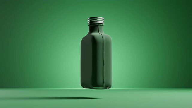 Dark Green Rectangular Bottle Floating on Green Background - Minimalist Product Shot, Beverage Mockup