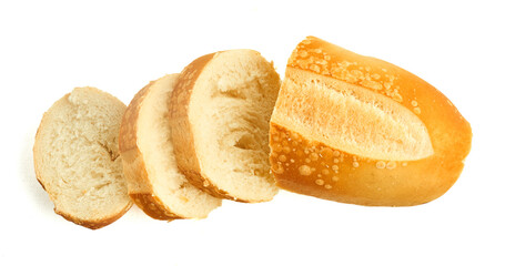 Sliced bread roll showing portions ready for toast or appetizers isolated on white background
