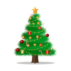 Christmas Tree with Hanging Ornaments and Stars – Decorative Christmas Design Elements