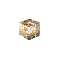 Clear, Gold-infused cube gleams on black. Use for product display, abstract design, presentation backgrounds.