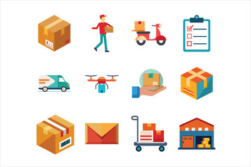 Diverse set of modern delivery and logistics icons showcasing shipping packages vehicles and services for online commerce