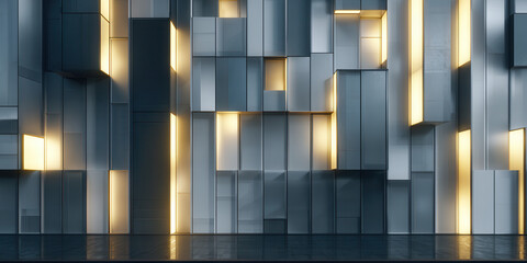 Futuristic abstract wall with stacked rectangular panels and vertical lights.