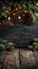 Decorative arrangement with pine branches and fairy lights on rustic wooden background for holiday celebrations