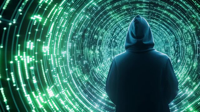 Anonymous figure in dark hoodie facing forward inside a glowing green digital vortex of data lines, symbolizing hacking, cybercrime, and data breaches
