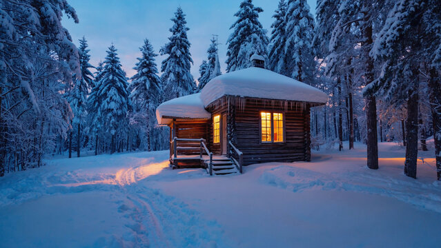 Cozy Log Cabin with Snow Covered Roof in Winter Forest at Twilight - Powered by Adobe