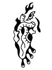 Fototapeta premium Abstract surreal heart with eyes and flames, a modern tattoo design