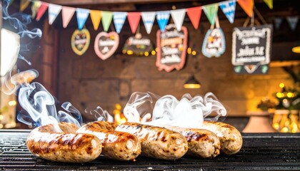 Bavarian sausages on a grill with rising steam, and Oktoberfest decorations hanging in the wall