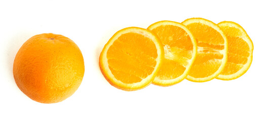 A whole orange with sliced rounds arranged in a line highlighting citrus freshness and the concept of nutrition immunity support and natural energy. isolated on white background
