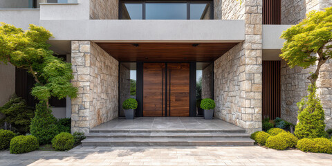 Fototapeta premium Elegant contemporary home entrance with natural stone and wooden doors