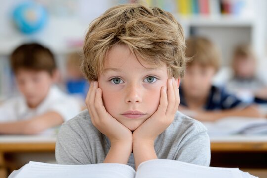 A serious young boy with blonde hair and blue eyes rests his chin on his hands, looking at the camera in a blurred classroom with other students.
