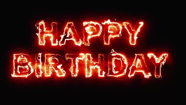 Happy Birthday text with fire sparks on plain black background