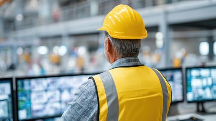 An experienced worker in a yellow hard hat and safety vest monitors control screens in an industrial setting, focusing on operational data.