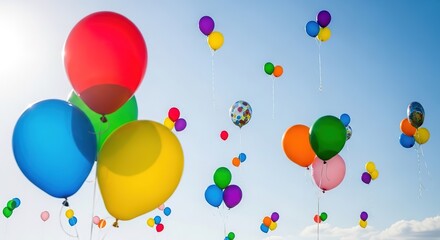 Multicolored Balloons Ascending Against a Bright Blue Sky, Celeb