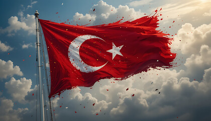 A Turkish flag flapping dramatically in a cloudy sky; 4K and HD image