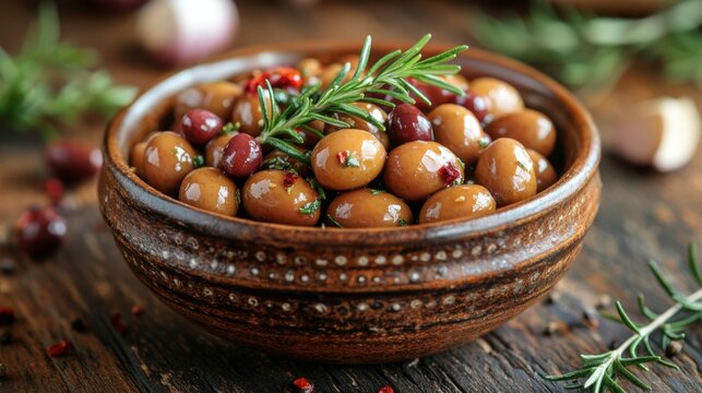 Brown and Red Marinated Olives in a Bowl with Rosemary