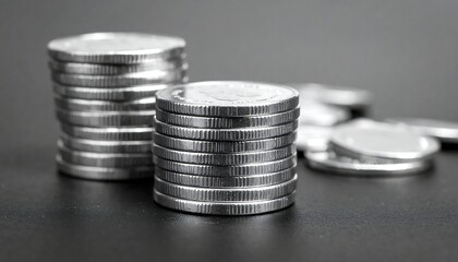 Two stacks of silver coins on a dark surface, with a few more coins scattered in the foreground