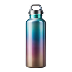 Metal water bottle isolated on transparent background, a reusable container for sports and fitness, featuring a gradient of vibrant colors