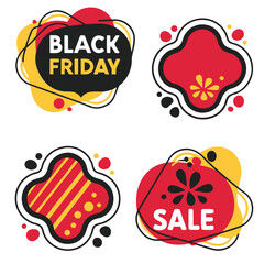 Four abstract sale banners with black friday and sale text in red yellow and black colors theme design 100