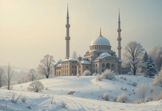 Snow-covered mosque in winter landscape, 3:2"