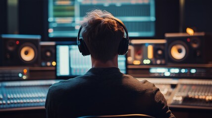 Sound engineer working in a modern recording studio with advanced audio equipment and software