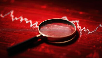 Close-up magnifying glass over a red stock chart