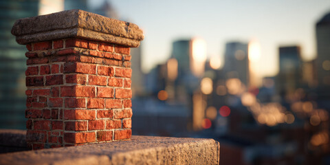 Naklejka premium Close-up of a brick chimney on a city rooftop at sunrise.