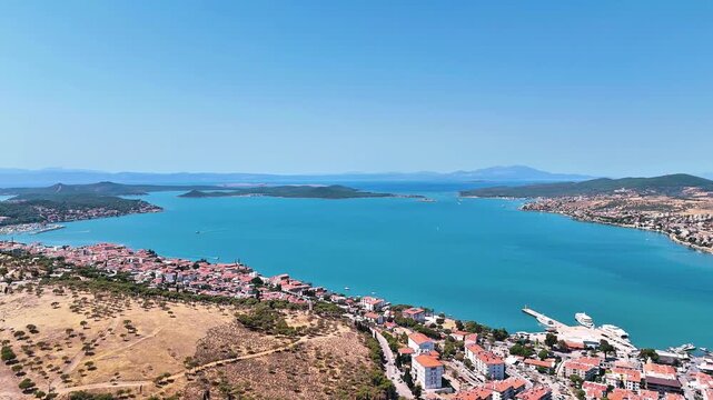 Drone view of Ayvalik in Balikesir in Turkiye. Magnificent views of the turquoise sea and islands.