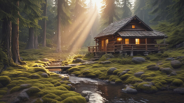 Rustic Log Cabin in Lush Forest with Stream and Golden Sunlight