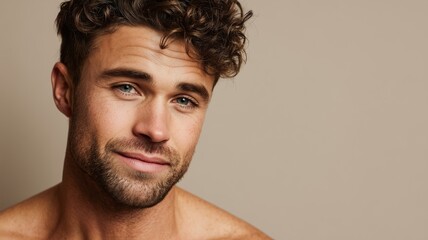 Fototapeta premium Cosmetology session highlights male model with curly hair and captivating smile