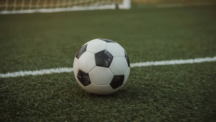 A soccer ball sits on the green grass of a sports field.