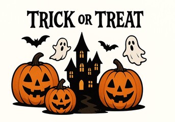 Halloween themed illustration, Trick or Treat slogan, spooky house with pumpkins, bats and white ghosts, white background