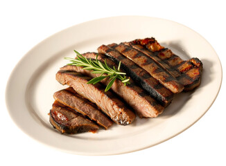 Sliced Grilled Beef Steak with Rosemary on White Plate, Top View, isolated on a white, transparent background