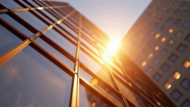 Sun flare over a glass skyscraper. A symbol of ambition, success, and a bright future in business. Use for motivational content or corporate branding