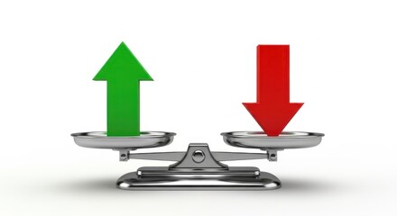 A balance scale with a green upward arrow and a red downward arrow on white background