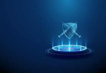 3d shield with crossed syringes on glowing podium. Medical protection, disease prevention, public health safety, healthcare defense, pharmaceutical industry concept.