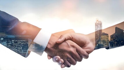 Professional handshake with a modern city skyline symbolizing business partnership and success - Powered by Adobe