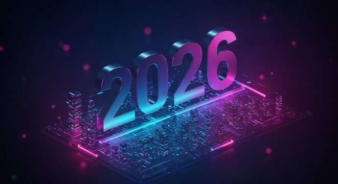 Metallic chrome numbers 2026 floating holographic cityscape with neon lights and cyberpunk glow