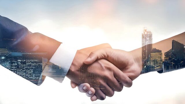 Professional handshake with a modern city skyline symbolizing business partnership and success