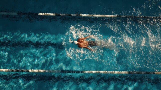Swimmer in turquoise pool lane lines overhead view