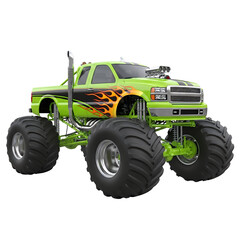 Obraz premium Green Monster Truck with Huge Tires and Flames Illustration for Motorsports or Event Promotion