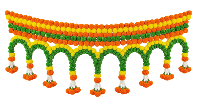 Beautiful decorative garland a curved design made of colorful balls in hues of yellow, orange, and green marigold flowers.