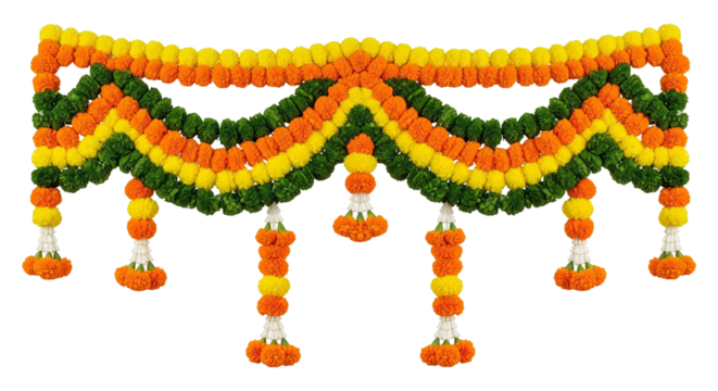 Yellow, orange and green marigold flowers garland decorations. - Powered by Adobe