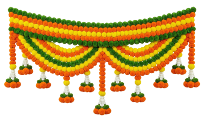 Yellow, orange and green marigold flowers garland beautiful decorations